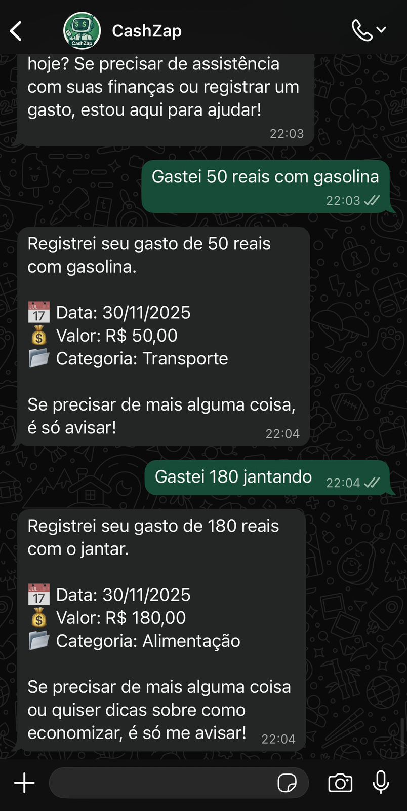 Registro de gastos com gasolina e jantar pelo Cashzap