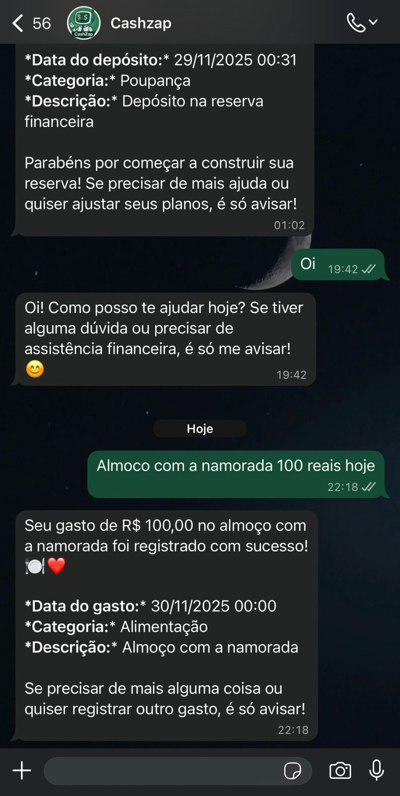 Registro de depósito na reserva financeira e gasto no almoço